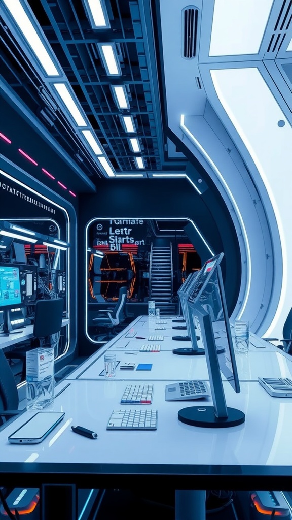 Futuristic organized workspace with multiple monitors, sleek design, and vibrant lighting.