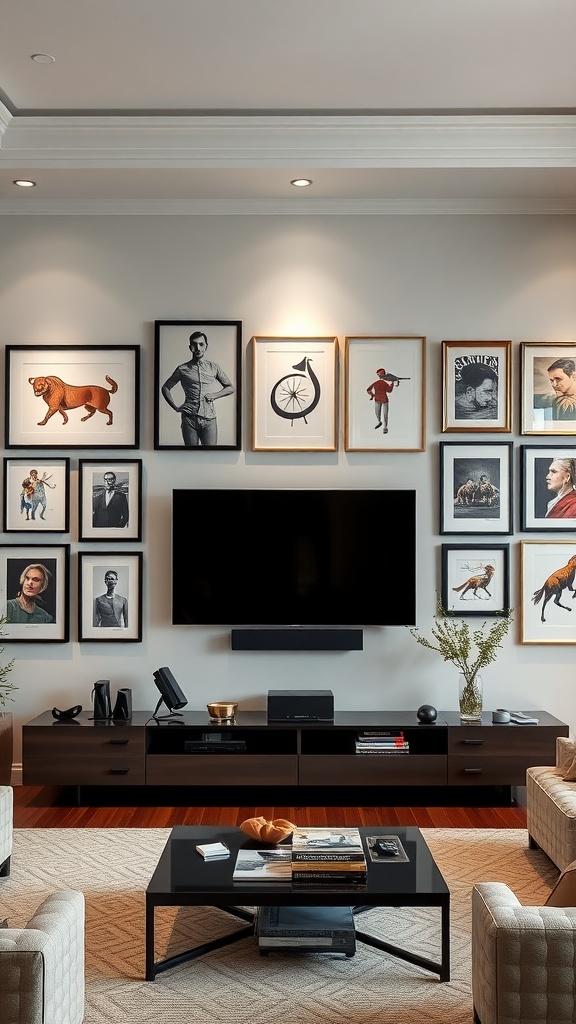 A stylish living room featuring a gallery wall with various framed artworks surrounding a modern television.