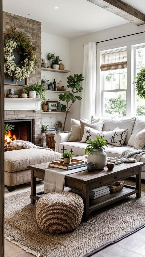 A cozy rustic farmhouse living room featuring a stone fireplace, wooden accents, and galvanized metal decor.
