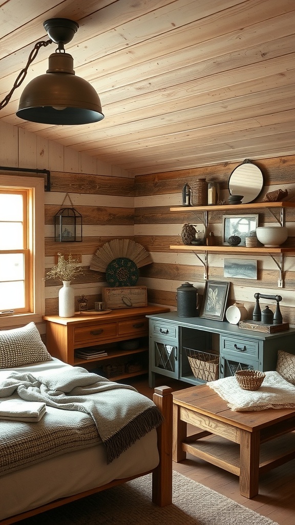 A cozy rustic bedroom featuring wooden furniture and galvanized metal accents.