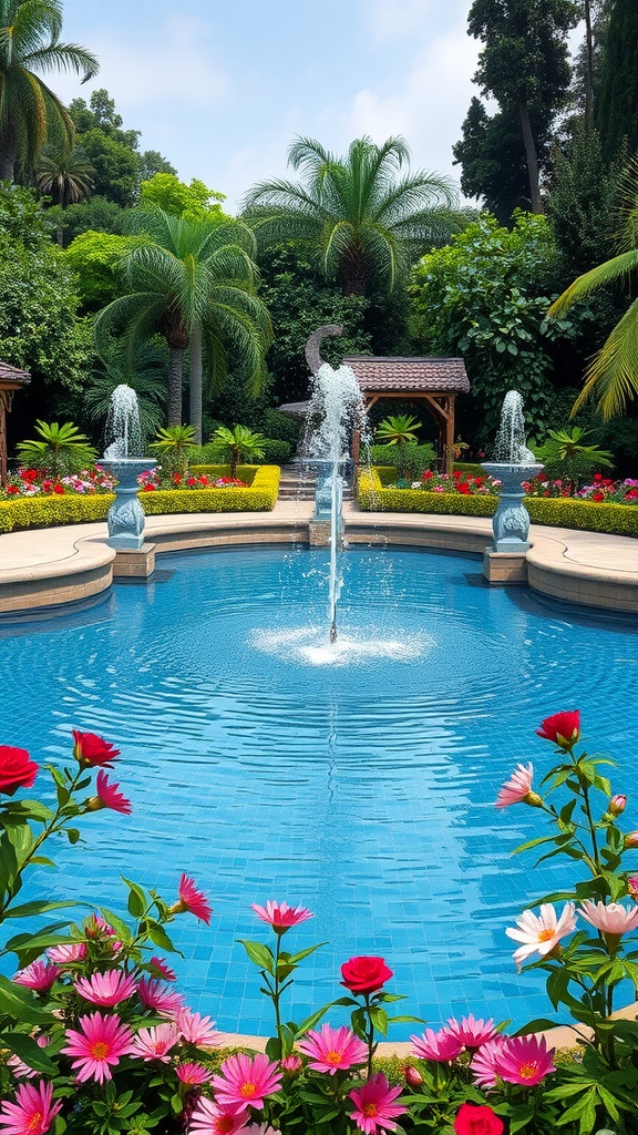 A garden pool surrounded by decorative fountains and colorful flowers