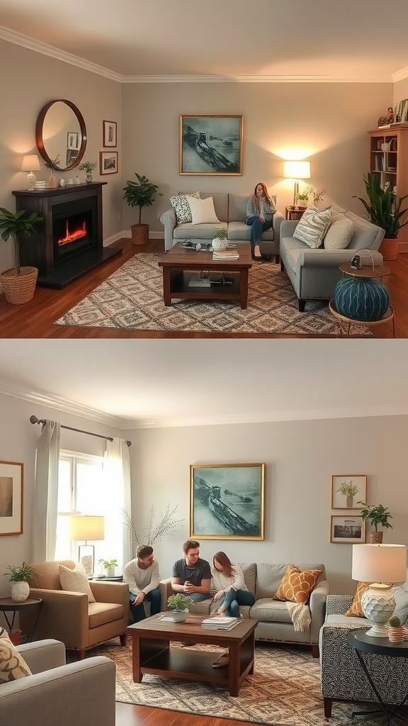 A cozy living room with greige walls and a group of people gathered for a chat.
