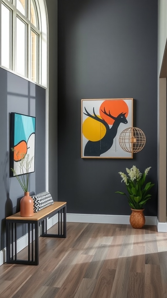 Interior space featuring Gauntlet Gray walls with modern artwork and natural light.