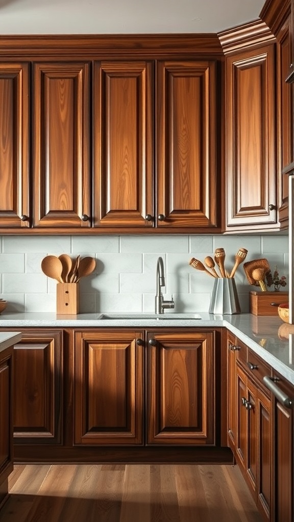 Kitchen with richly stained wooden cabinets showcasing warm, deep colors.