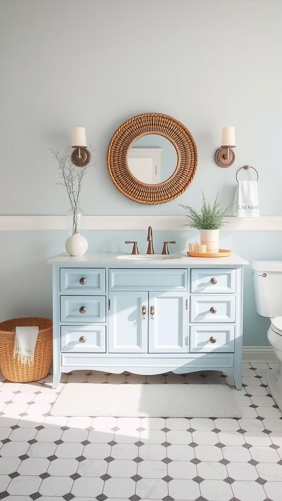 A light blue bathroom vanity with a round woven mirror and natural accents, creating a breezy feel.