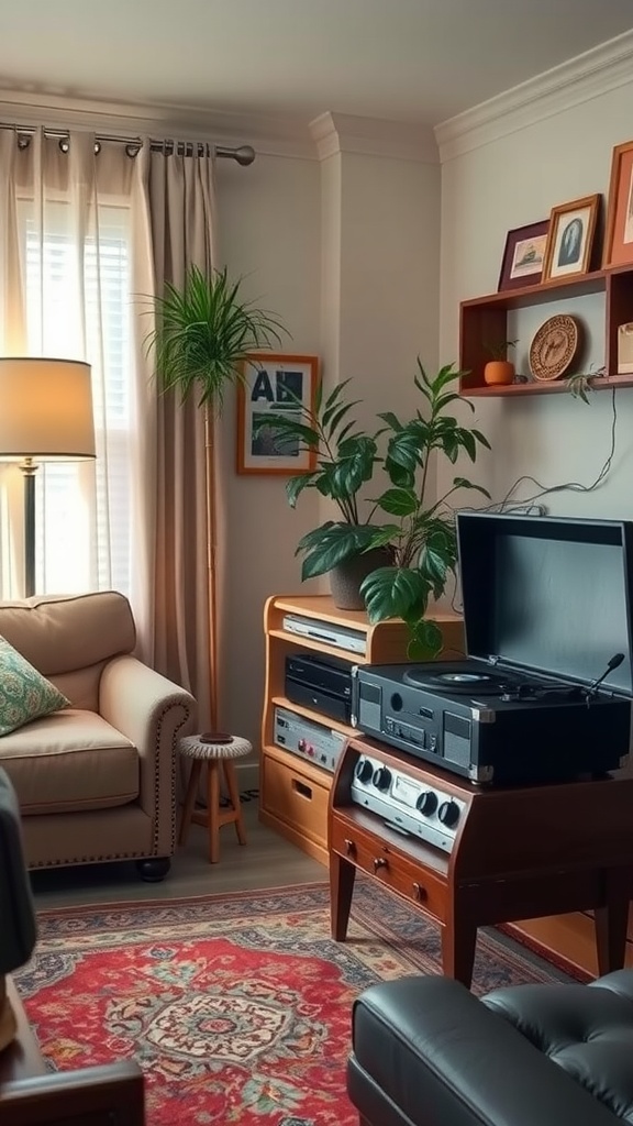 A cozy living room featuring a record player, warm lighting, plants, and comfortable seating.