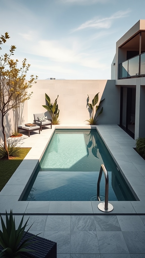 A geometric concrete plunge pool surrounded by greenery and lounge chairs in a tiny backyard.