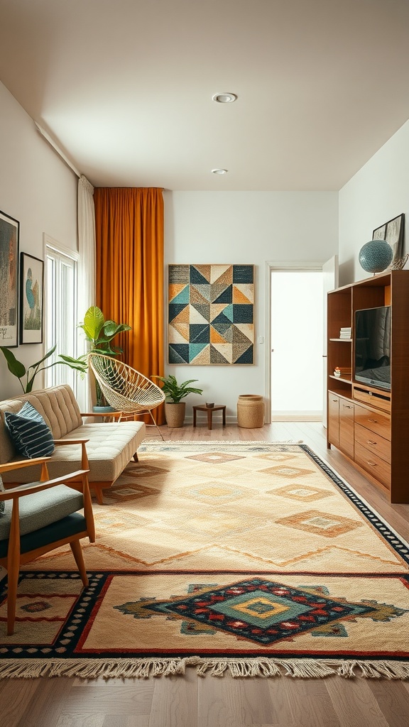 A cozy living room featuring a colorful geometric rug, warm curtains, and mid-century modern furniture.