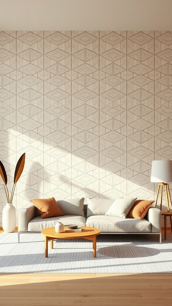 A contemporary living room with geometric patterned wall, gray sofa, and orange cushions