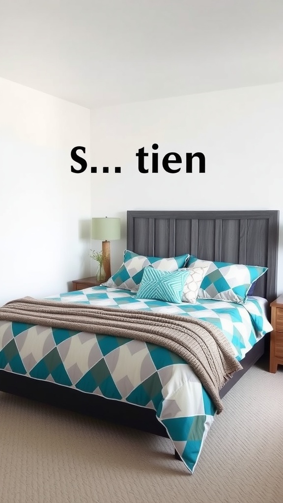 A bedroom with a geometric patterned bedspread in teal and grey, complemented by a cozy blanket and decorative pillows.