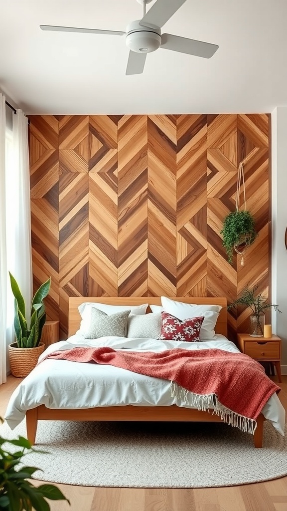 A cozy Boho bedroom featuring geometric wood paneling in chevron patterns, macramé hangings, and a warm color scheme.