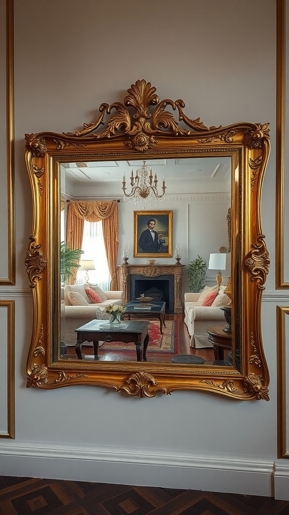 Gilded mirror reflecting an opulent living room with elegant furnishings and decor.