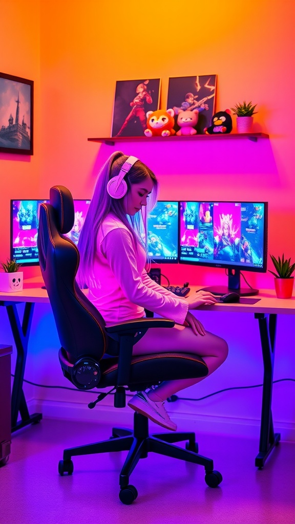 A girl in a cozy gaming setup with dual monitors, vibrant lighting, and plush toys.
