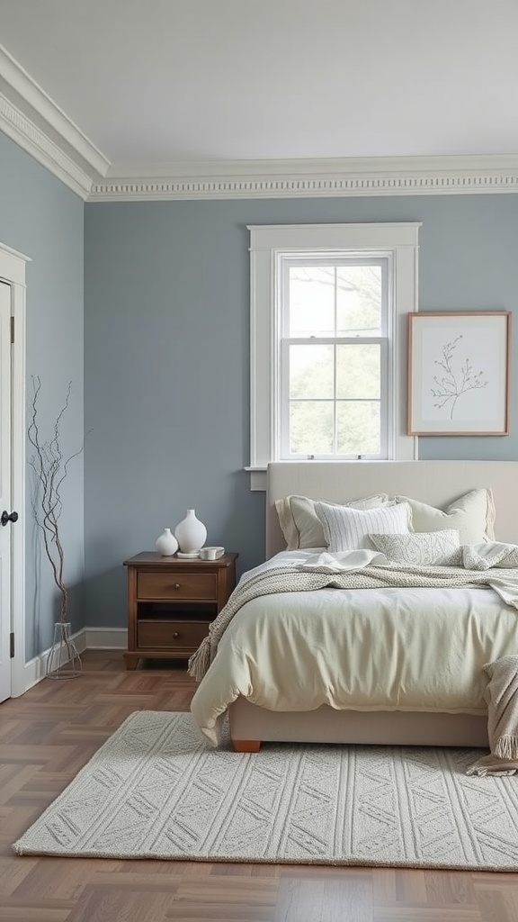 A serene bedroom painted in Glacial Bay, showcasing soft blue-gray walls with light bedding and natural decor.