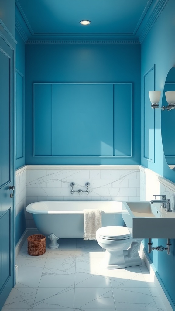 A bright and inviting bathroom featuring Glacier Blue walls, white marble accents, and elegant fixtures.