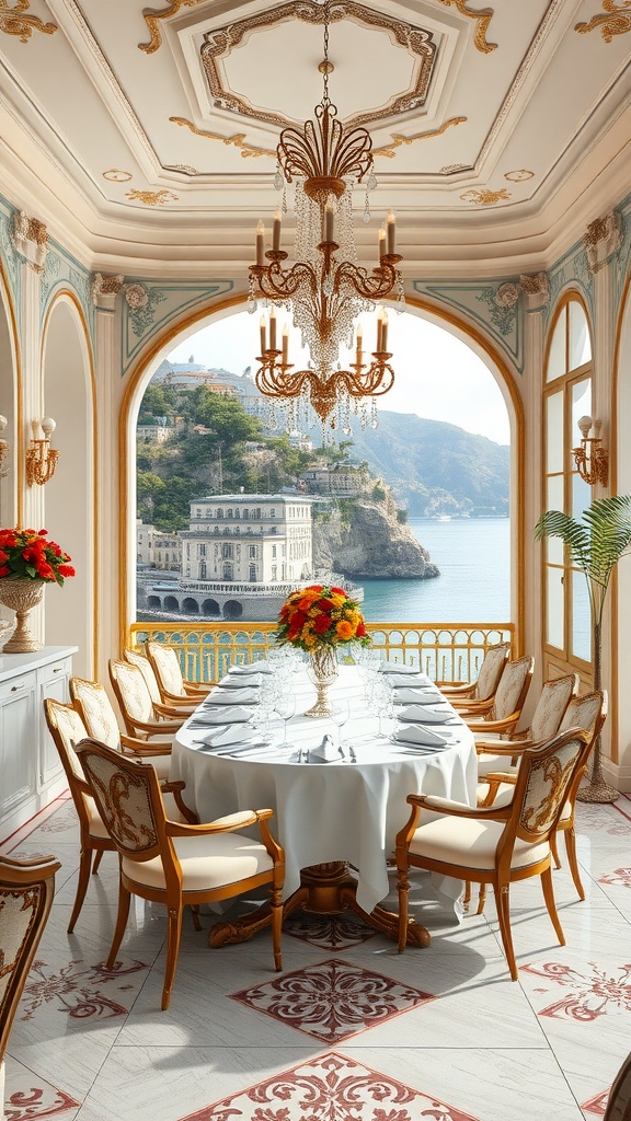 Luxurious Italian dining room with a view of the Amalfi Coast