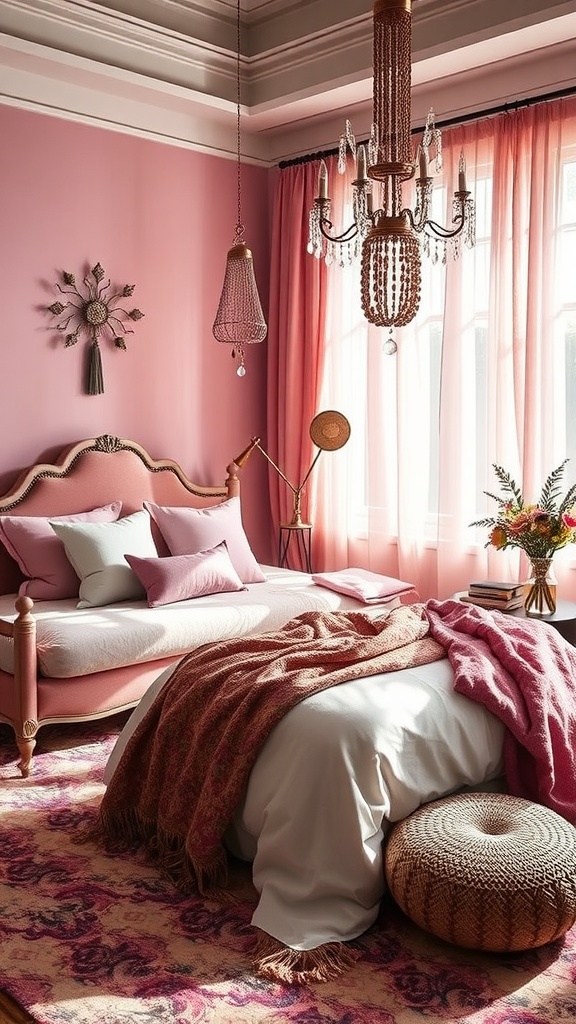A cozy pink boho style bedroom featuring a bed with pink blankets, macramé wall art, and potted plants.