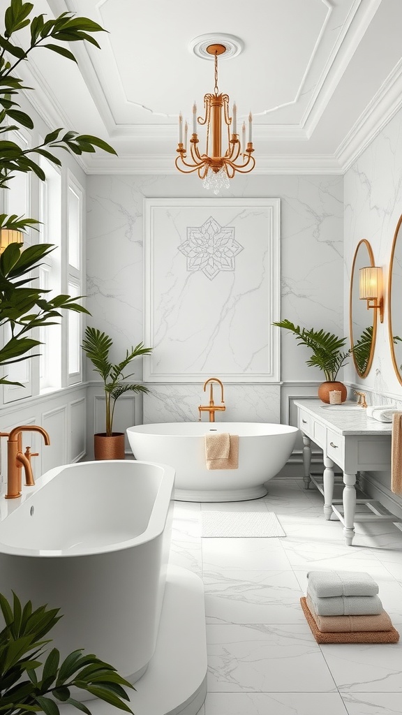 A luxurious bathroom featuring a freestanding tub, marble flooring, and elegant decor.