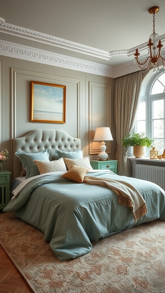 A beautifully decorated sage green bedroom featuring a plush bed, elegant decor, and natural light.