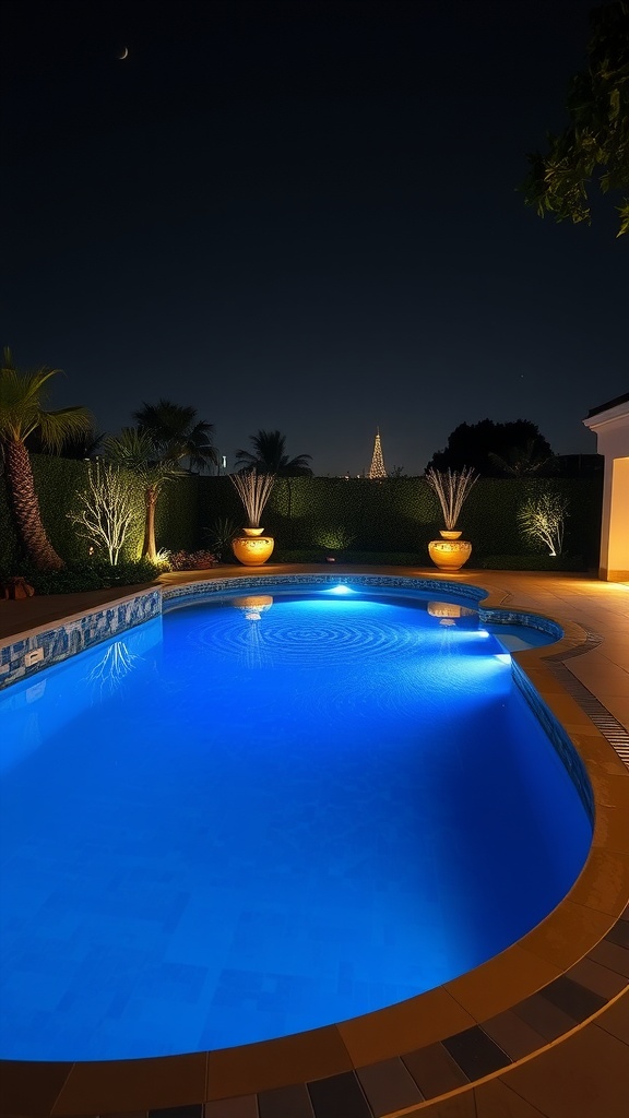 A small, illuminated pool in a beautifully landscaped backyard at night.
