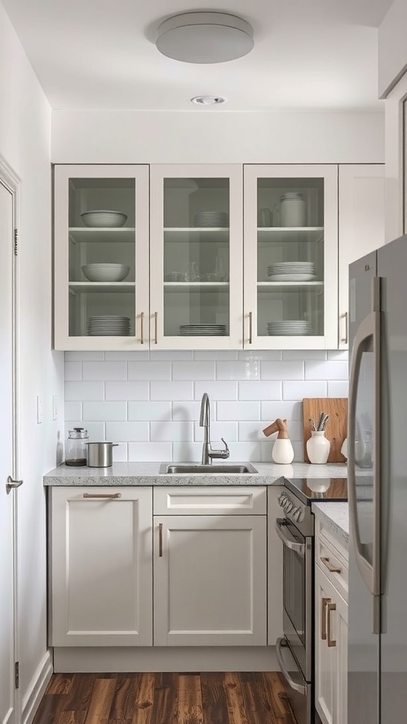 Small kitchen with glass front cabinets displaying dishware