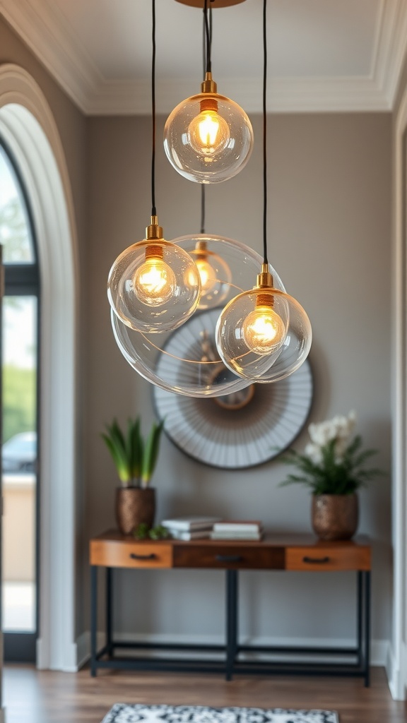 Three glass orb pendant lights hanging above a console table in an entrance hall.