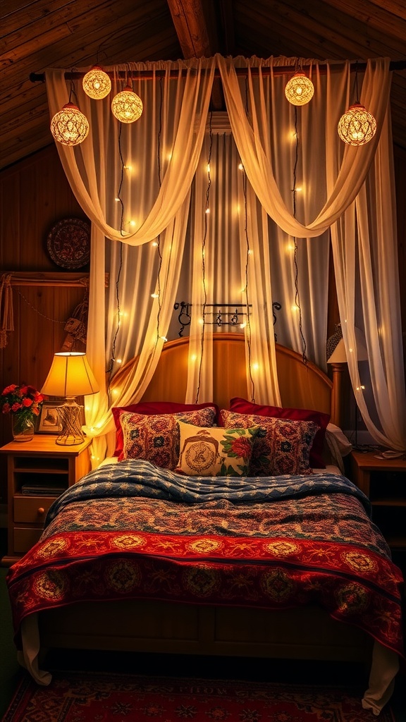 Cozy Boho bedroom with fairy lights, colorful bedding, and soft curtains.