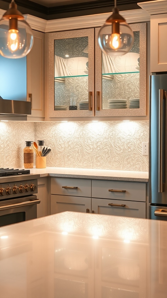 Kitchen with cabinets featuring a glitter finish, reflecting light and creating a bright atmosphere.