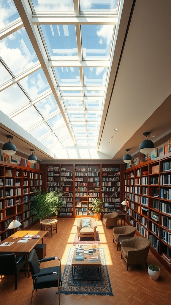 A library space with a glass skylight, surrounded by tall bookshelves and a wooden table.