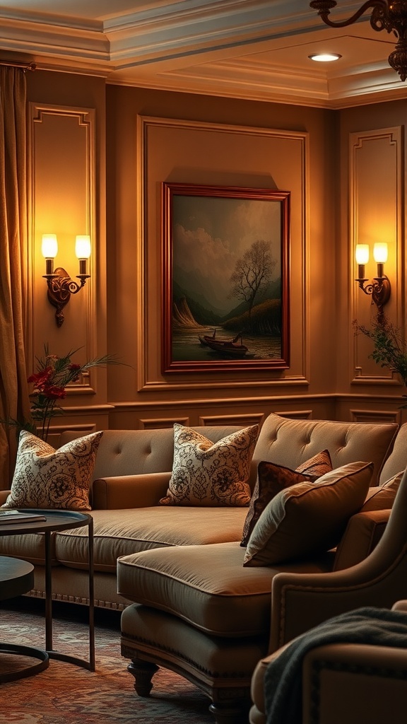 A cozy living room featuring glowing wall sconces beside a painting, creating a warm ambiance.