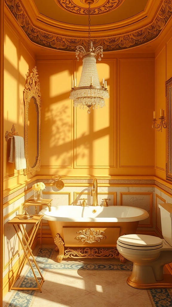 A luxurious bathroom with gold walls and fixtures, featuring a chandelier and elegant decor.