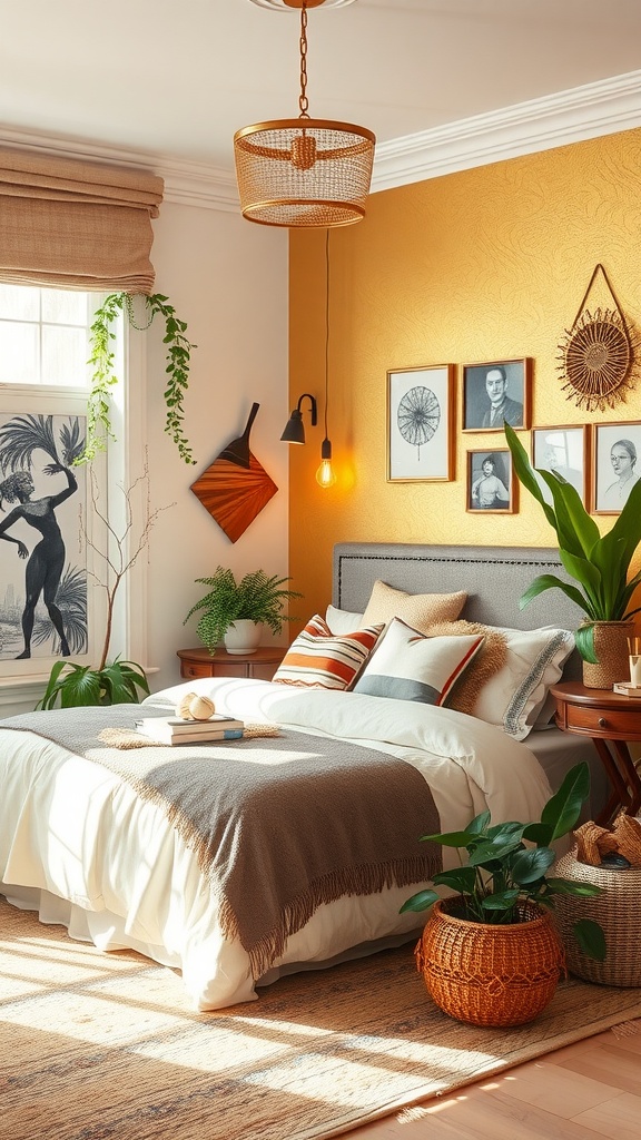 A cozy Boho bedroom featuring a gold accent wall, macrame hangers, and textured bedding.