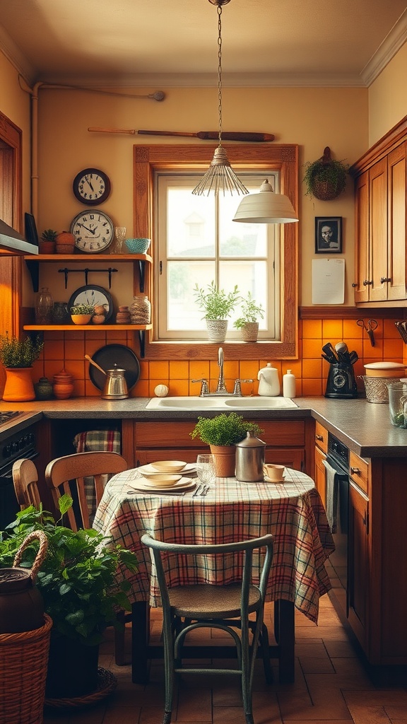 A warm and inviting kitchen with wooden cabinets, orange tiles, a rustic table, and potted plants.