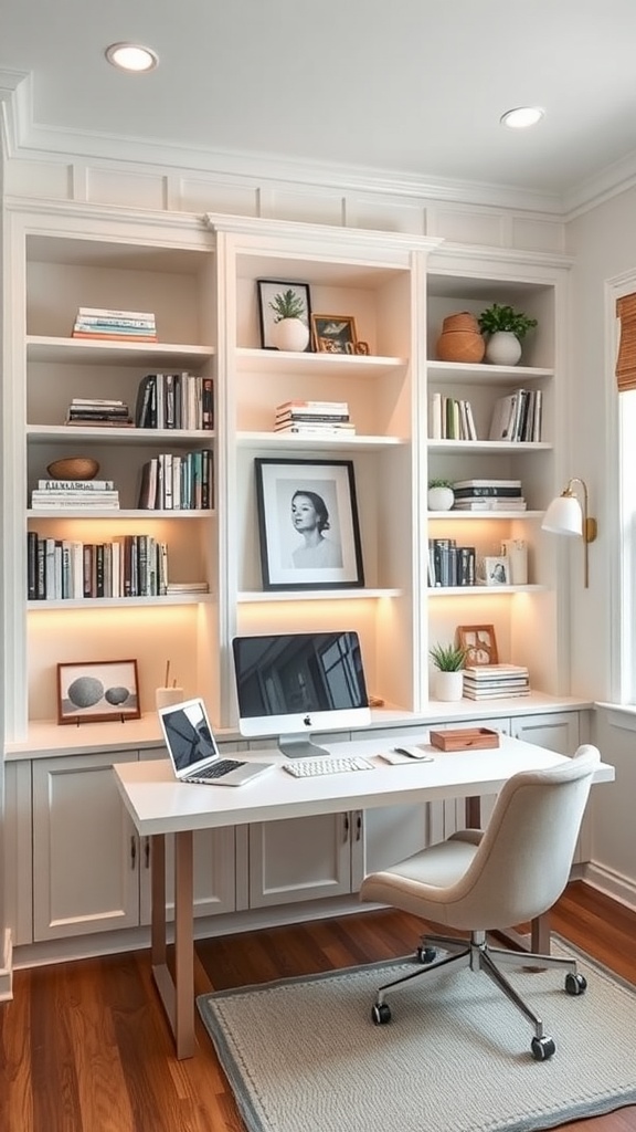 A modern home office with a custom built-in desk and shelving, featuring books, plants, and a cozy atmosphere.