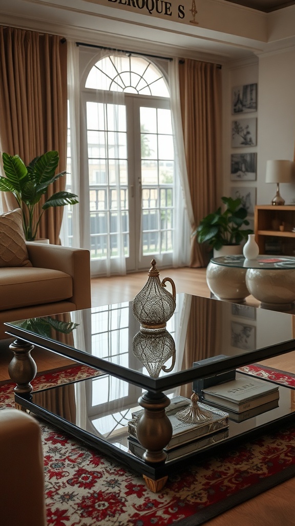 A stylish glass coffee table with wooden legs in a cozy living room, featuring a decorative glass item and books.