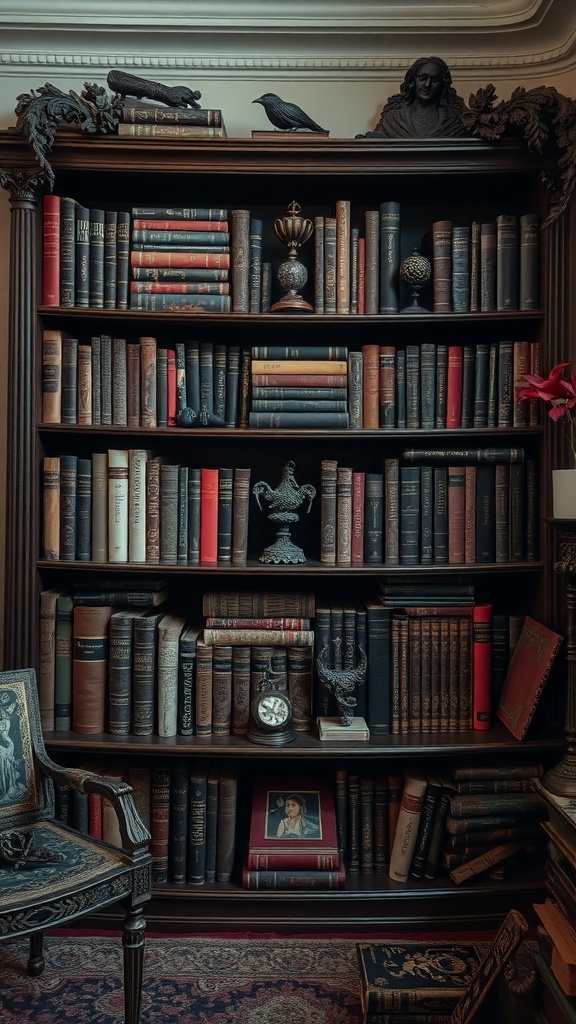 A gothic-inspired bookshelf filled with dark-colored books, decorative accents, and a cozy chair.