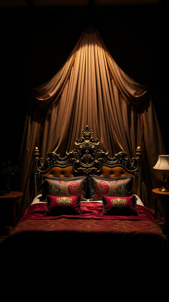 A gothic-inspired canopy bed with rich fabrics and ornate details.