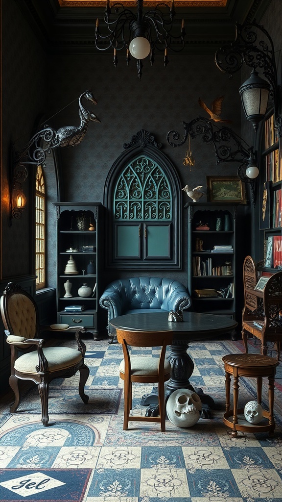 A gothic-inspired living room featuring a blue tufted sofa, antique chairs, a round table, and unique decor elements.