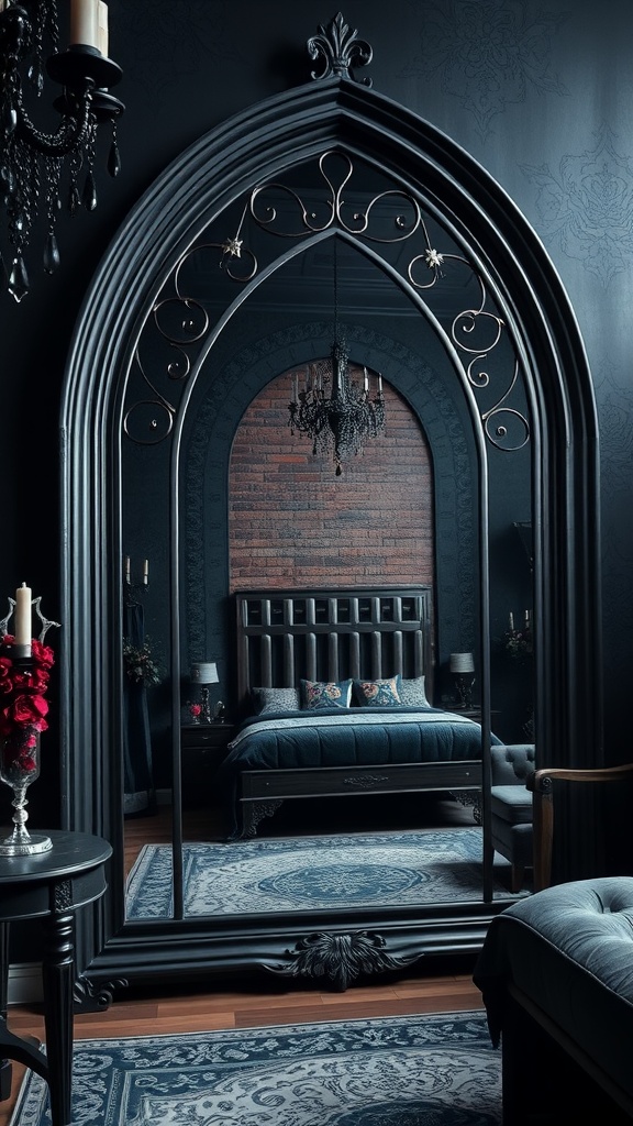 A gothic arched mirror reflecting a stylishly decorated bedroom