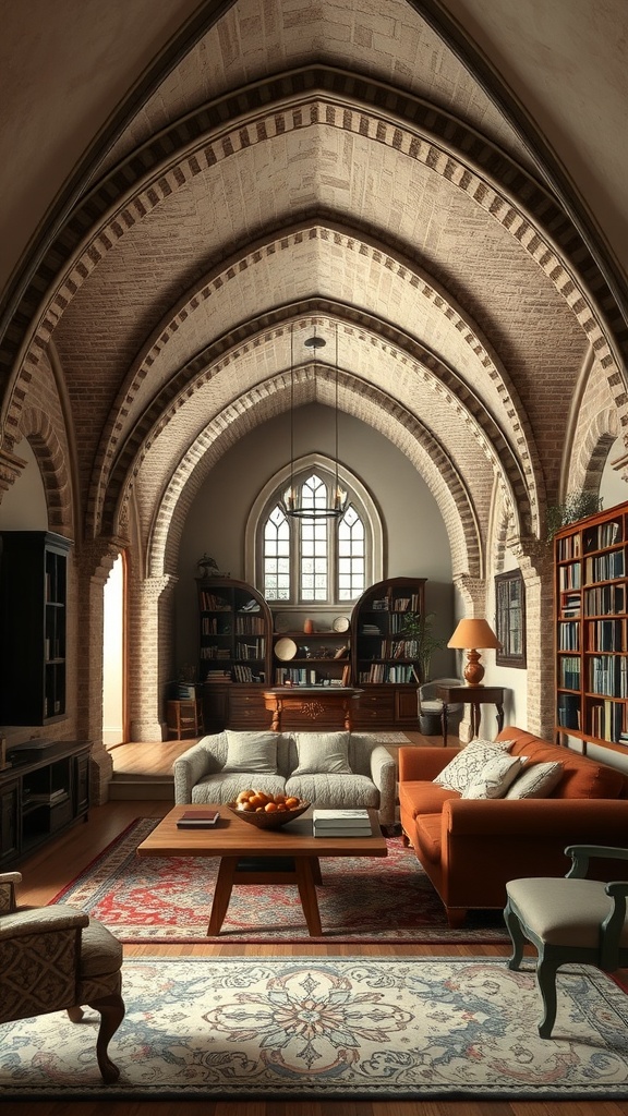 A living room featuring Gothic archways, cozy seating, and a warm color palette.