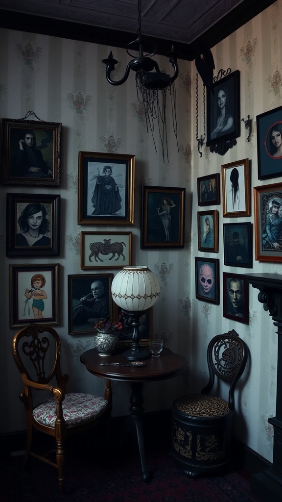 A corner of a Gothic-inspired room featuring an array of framed artwork on the walls, a small table with a lamp, and two ornate chairs.