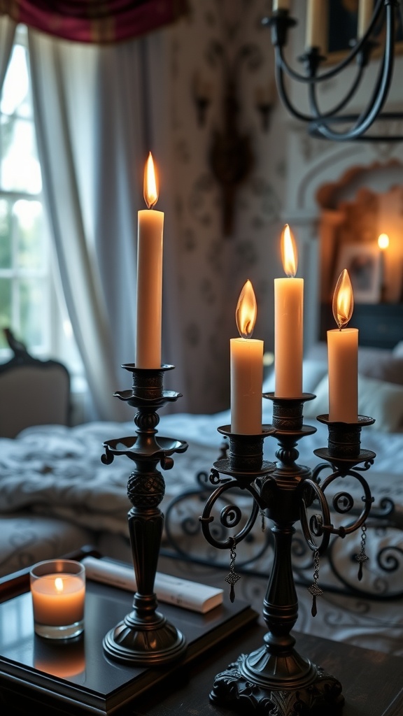 Two gothic candle holders with lit candles on a table in a cozy bedroom setting.