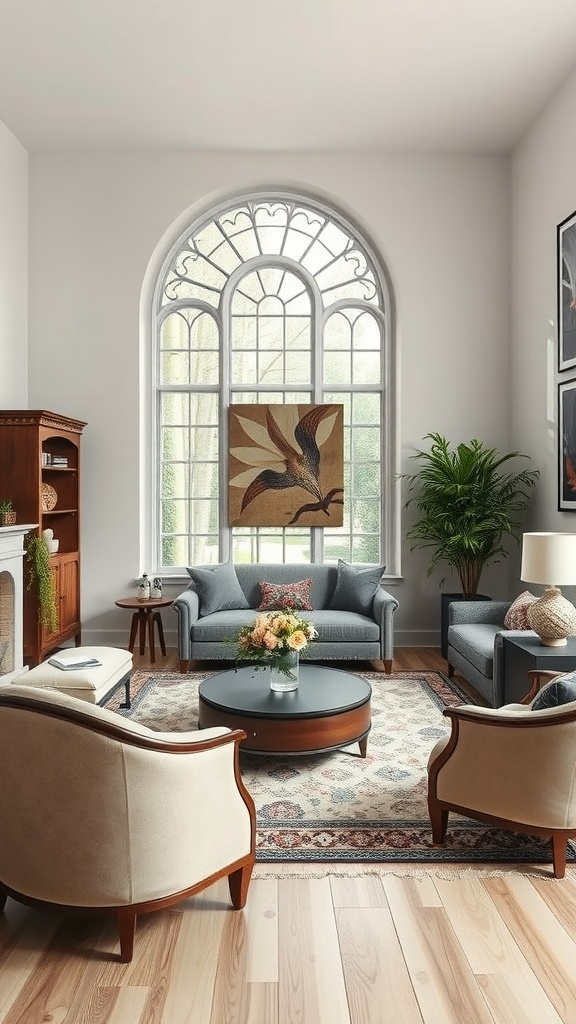 A minimalist living room featuring Gothic elements, including an arched window, gray sofas, and elegant armchairs.