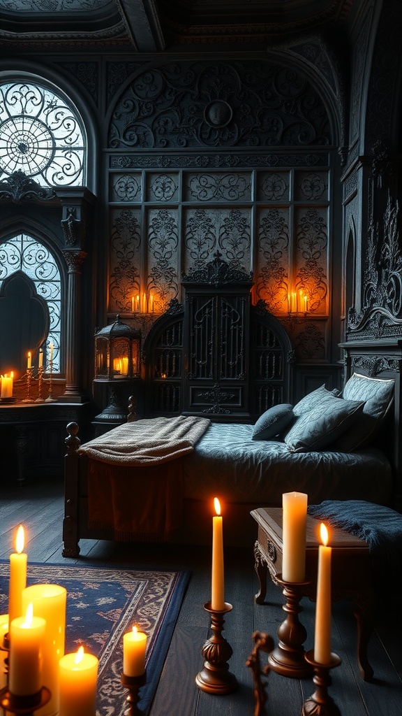 A dimly lit Gothic bedroom featuring dark wood decor, intricate wall designs, candles, and a cozy bed.