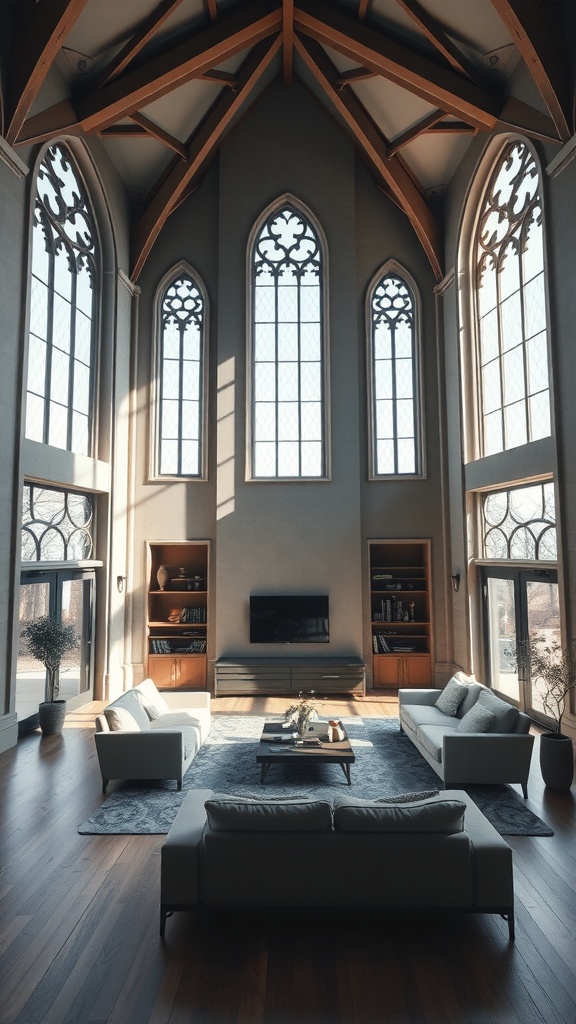 A modern living room featuring Gothic architecture with tall arched windows and wooden beams.