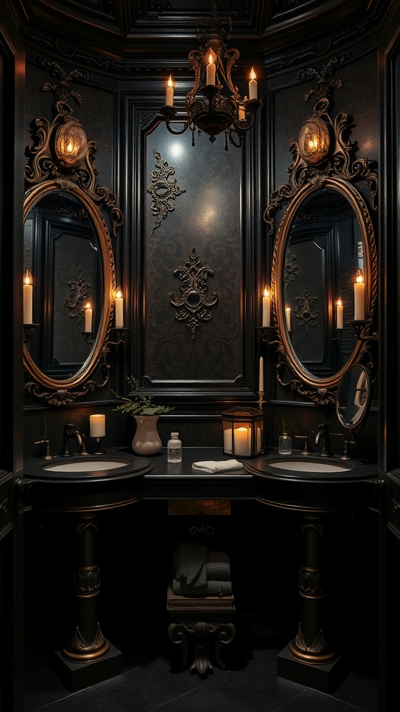 A gothic glamour bathroom with dark walls, ornate mirrors, and elegant lighting.