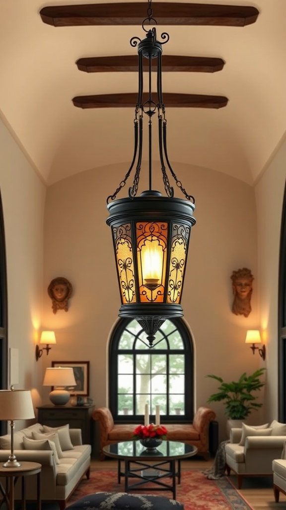 A Gothic-inspired lantern hanging in a living room with Mediterranean decor, featuring warm lighting and elegant furnishings.