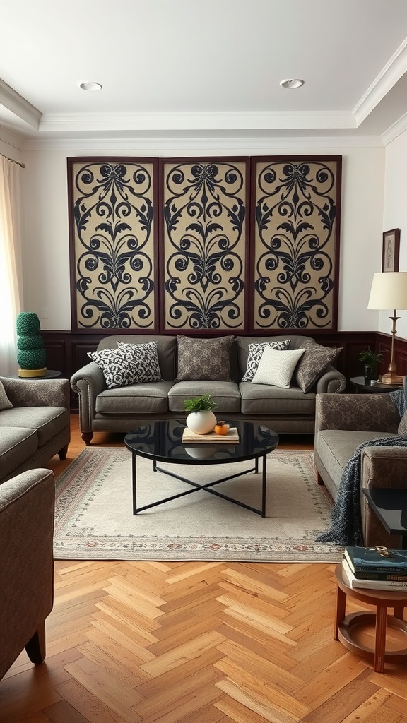 A modern living room featuring Gothic patterned upholstery with a cozy and minimalist design.