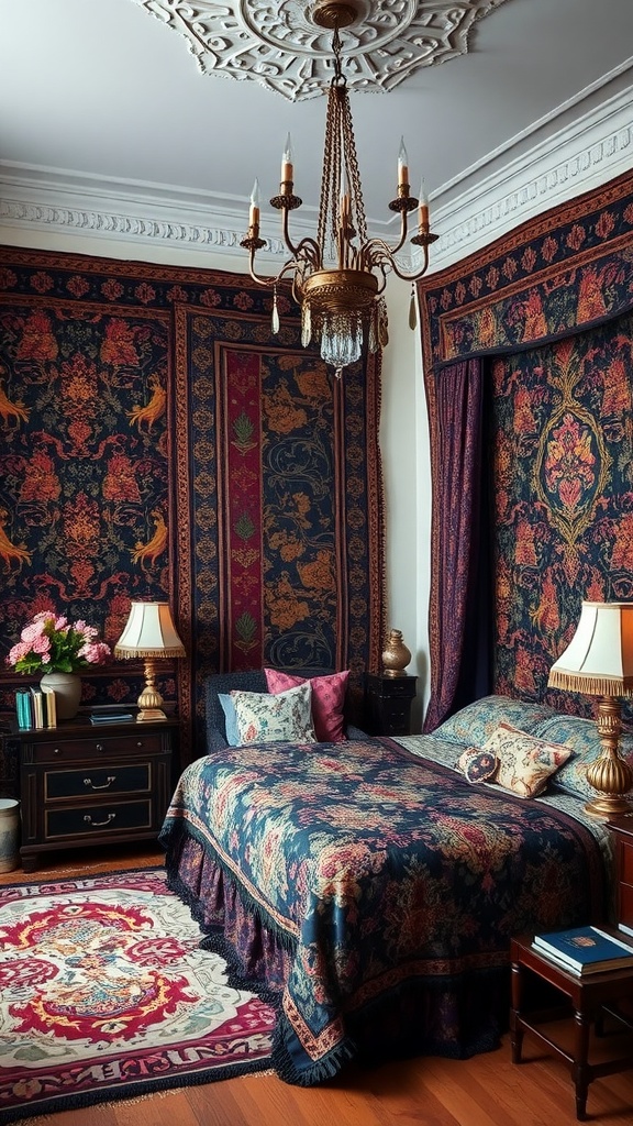 A cozy bedroom decorated with rich, patterned gothic tapestries on the walls.