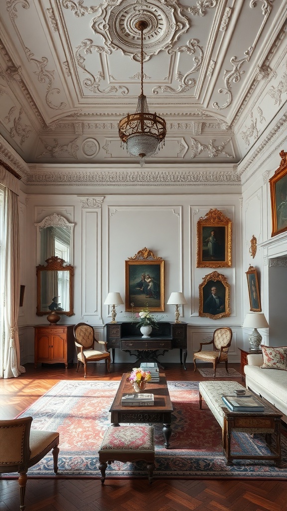 Opulent old-world living room with ornate ceiling, antique furniture, and classical paintings.